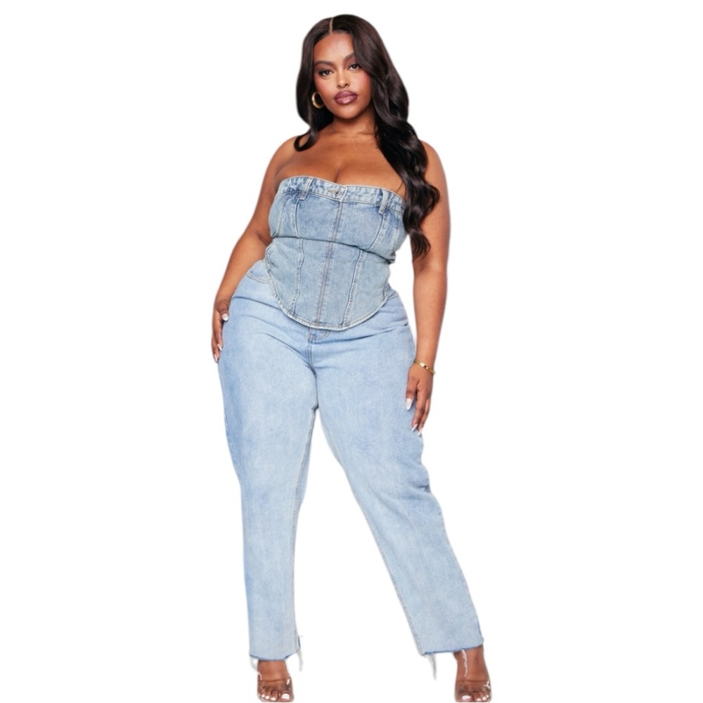 PrettyLittleThing Plus Denim Strapless Corset Top Sz. 24 US 28 UK NWT - Picture 2 of 6